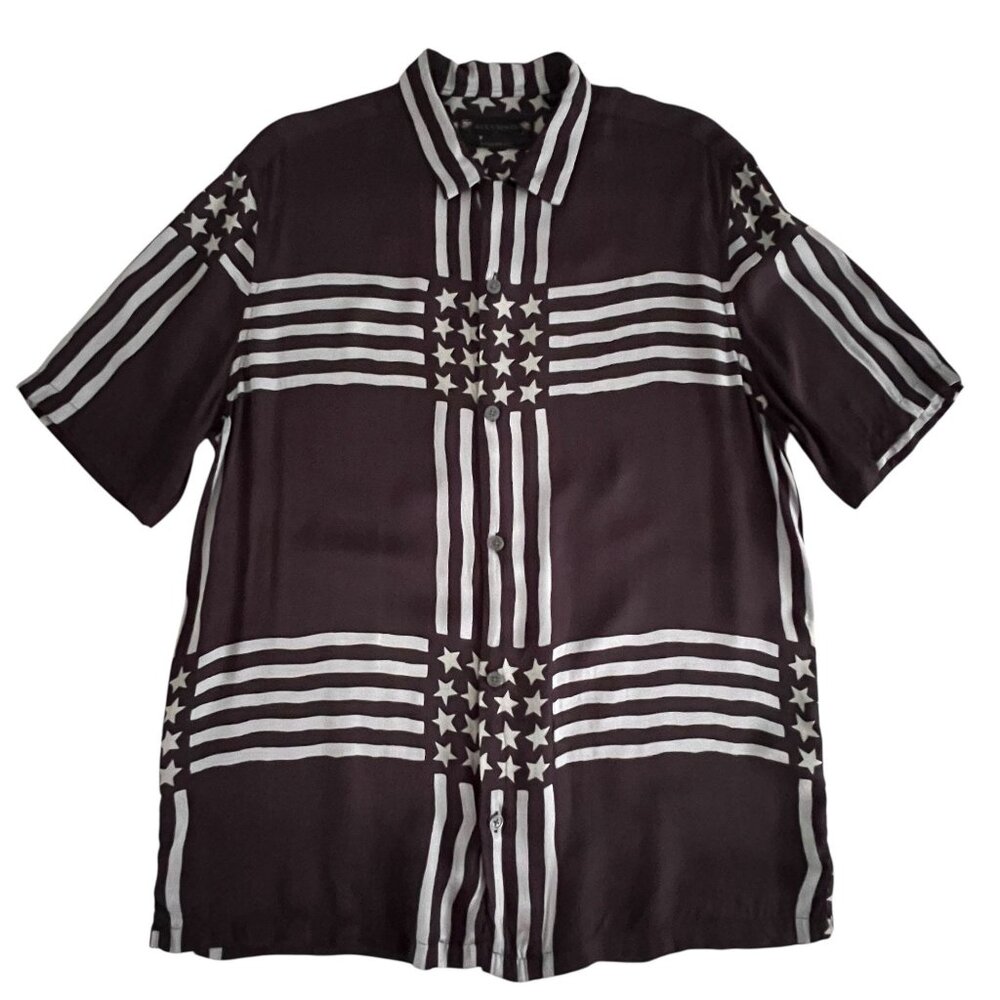 AllSaints Union Button Up Shirt Mens M Stars Stripes Flag Black Luxury Classic